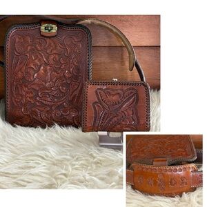 Embossed Handmade Brown Leather Shoulder Bag and Wallet Set Personalized